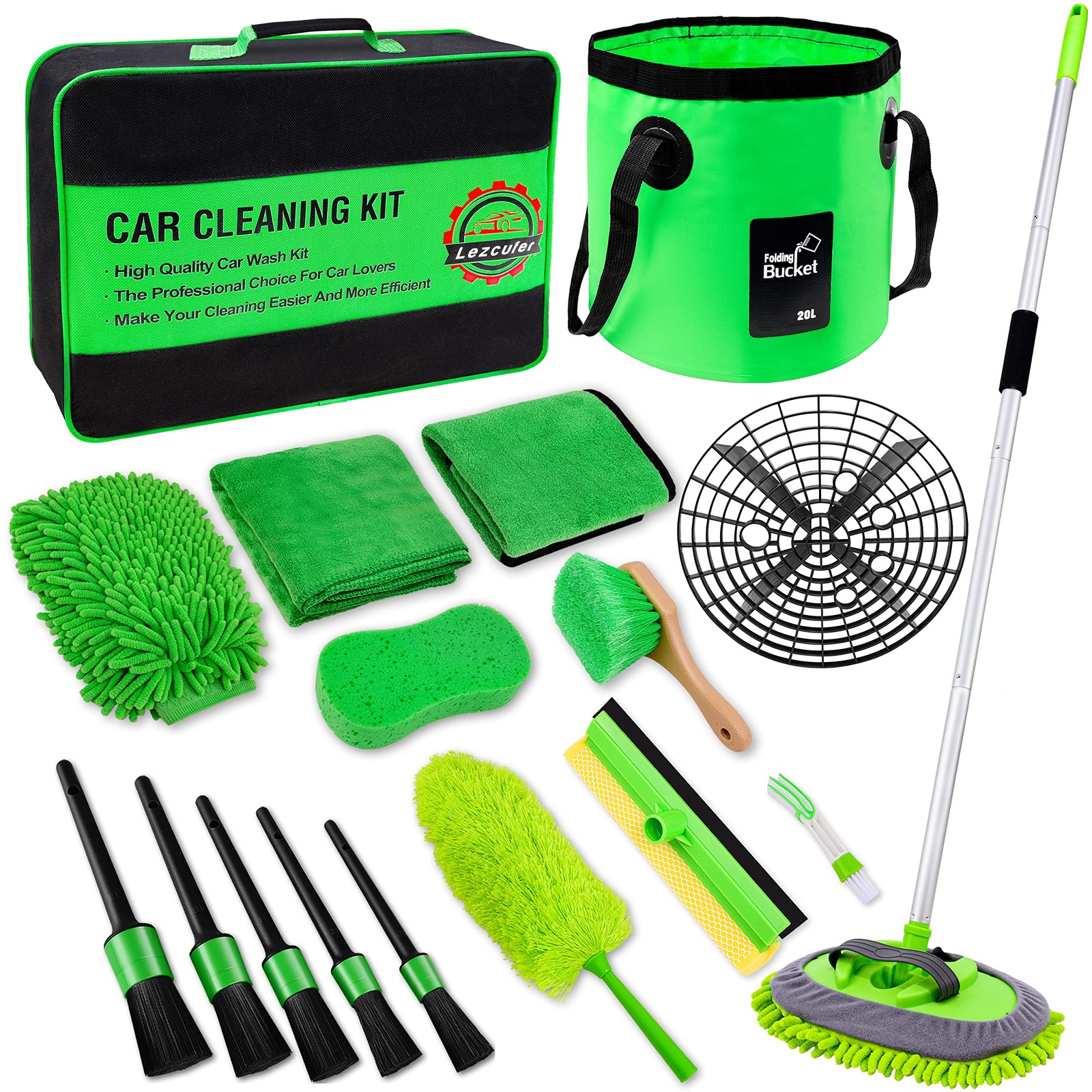 Lezcufer 17Pcs Car Wash Kit,62″ Brush Mop with Long Handle,Car Green