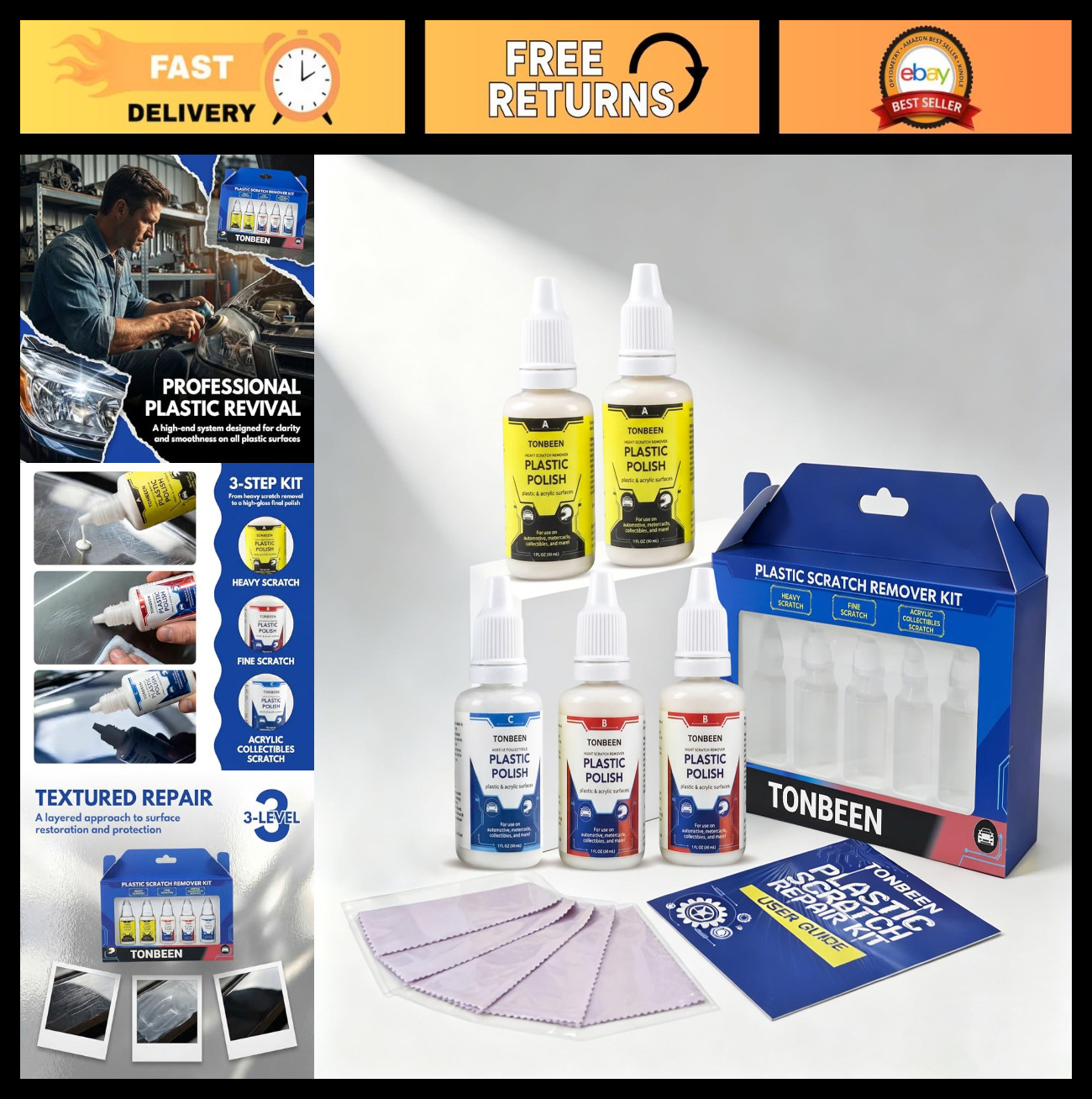 Plastic Scratch Remover & Polish Kit – 3-Level Restorer for Headlights, Acrylic