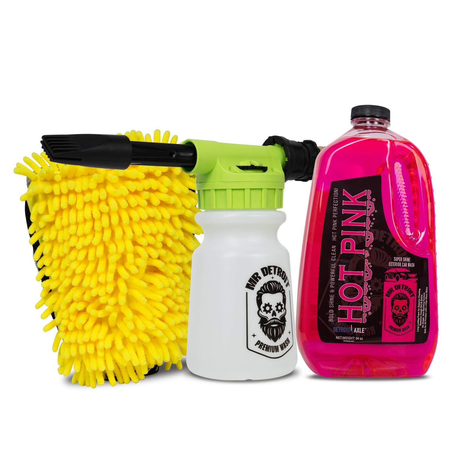 Mr. Detroit – 3pc Premium Car Wash Kit-Foam Blaster, 64oz Soap & Chenille Glove