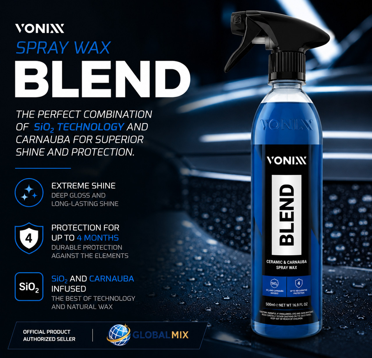 Vonixx Blend Cera Híbrida de Cerâmica e Carnaúba para Limpeza de Veículos 500ml