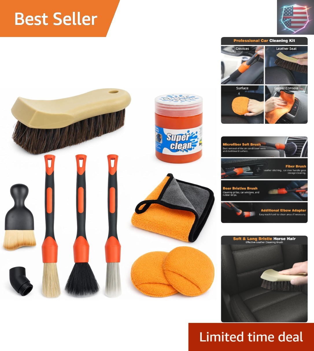 9PCS Car Detailing Brush, Horse Hair and Boar Bristle Brush Set with Elbow Ad…
