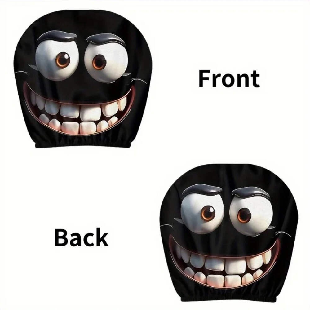 2pcs Funny Big-Eyed Cartoon Print Car Headrest Cover Interior Auto Protector