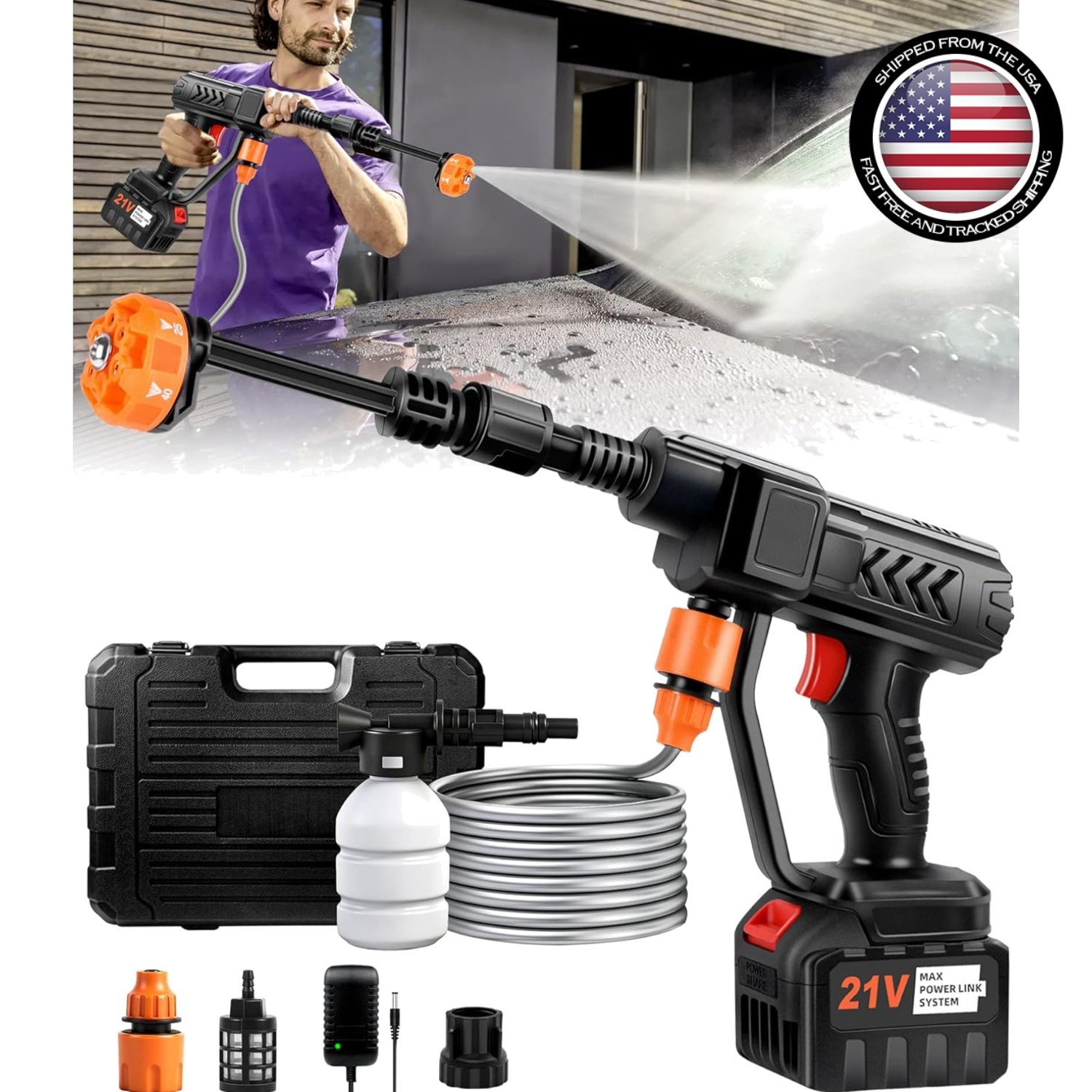 Battery-Powered Handheld Cleaner – 6-in-1 Nozzle & Foam Cannon for All Surfaces