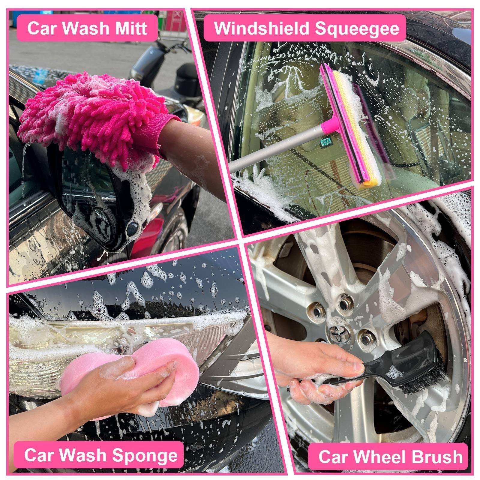 62″ Pink Car Wash Brush & Mop Kit – Microfiber Mitt, Squeegee, Wheel Brush, Deta
