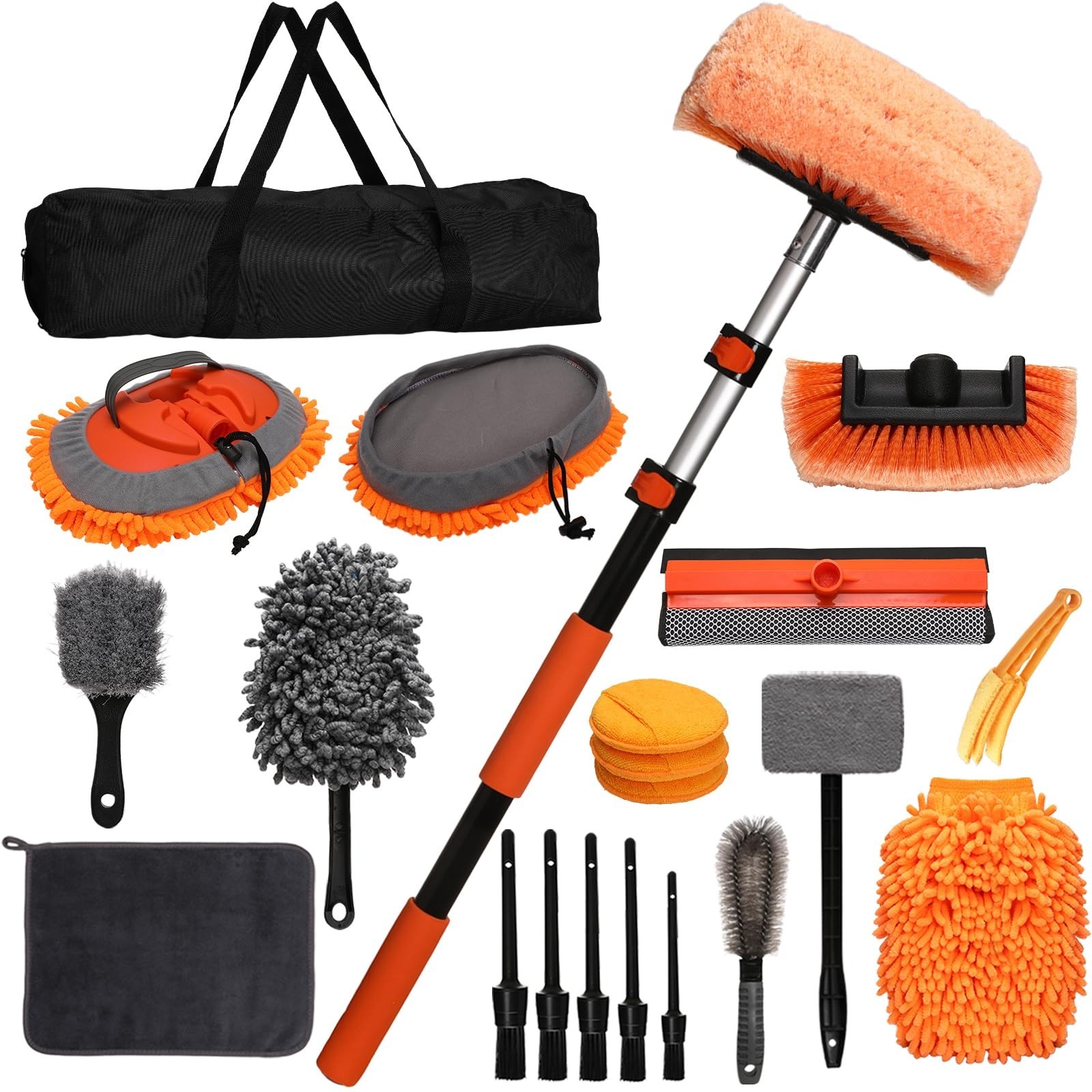 21Pcs Car Wash Kit – Heavy-Duty Extension Pole, Soft Brush, Wheel Cleaner, Mop M
