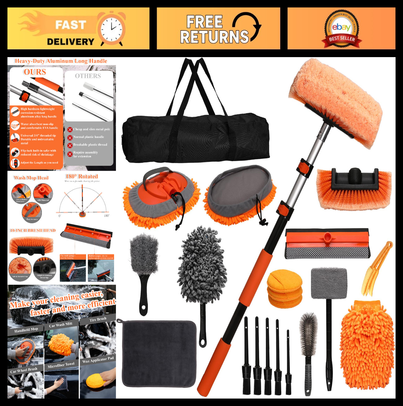 21Pcs Car Wash Kit – Heavy-Duty Extension Pole, Soft Brush, Wheel Cleaner, Mop M