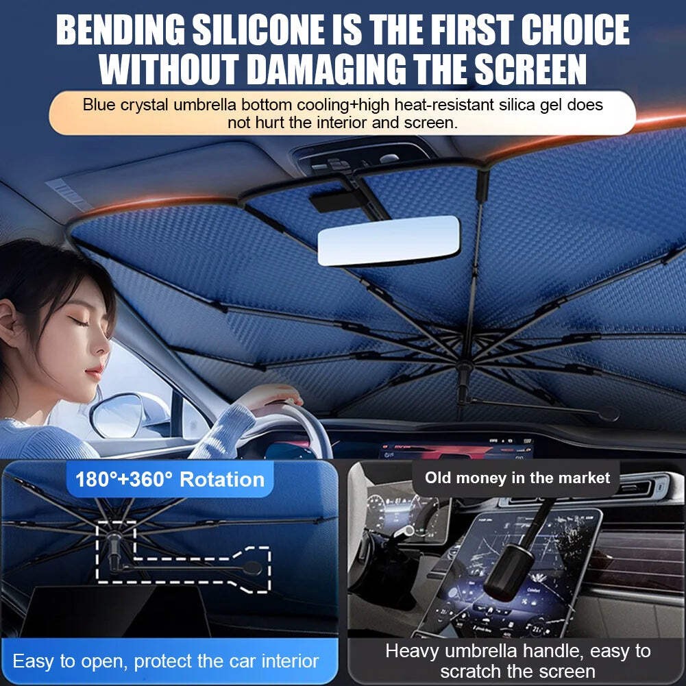 Car Sunshade Windshield Umbrella with 360°Rotation Bendable Handle Front Window