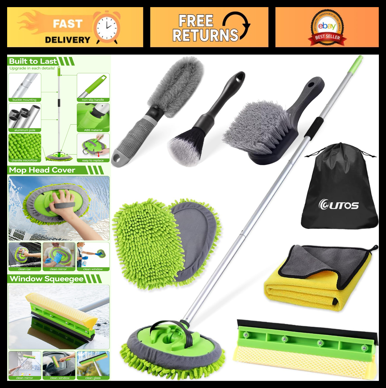 8Pcs Car Wash Kit – 62″ Long Handle Brush, Microfiber Cleaning Supplies for Cars