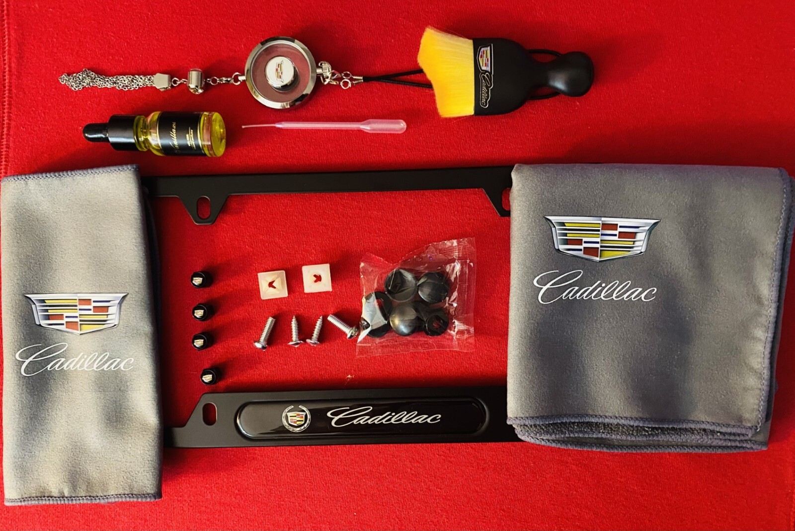 Cadillac Car Kit Tag Frame Dust Brush, Diffuser Rag Hardware & Valve Stem Caps