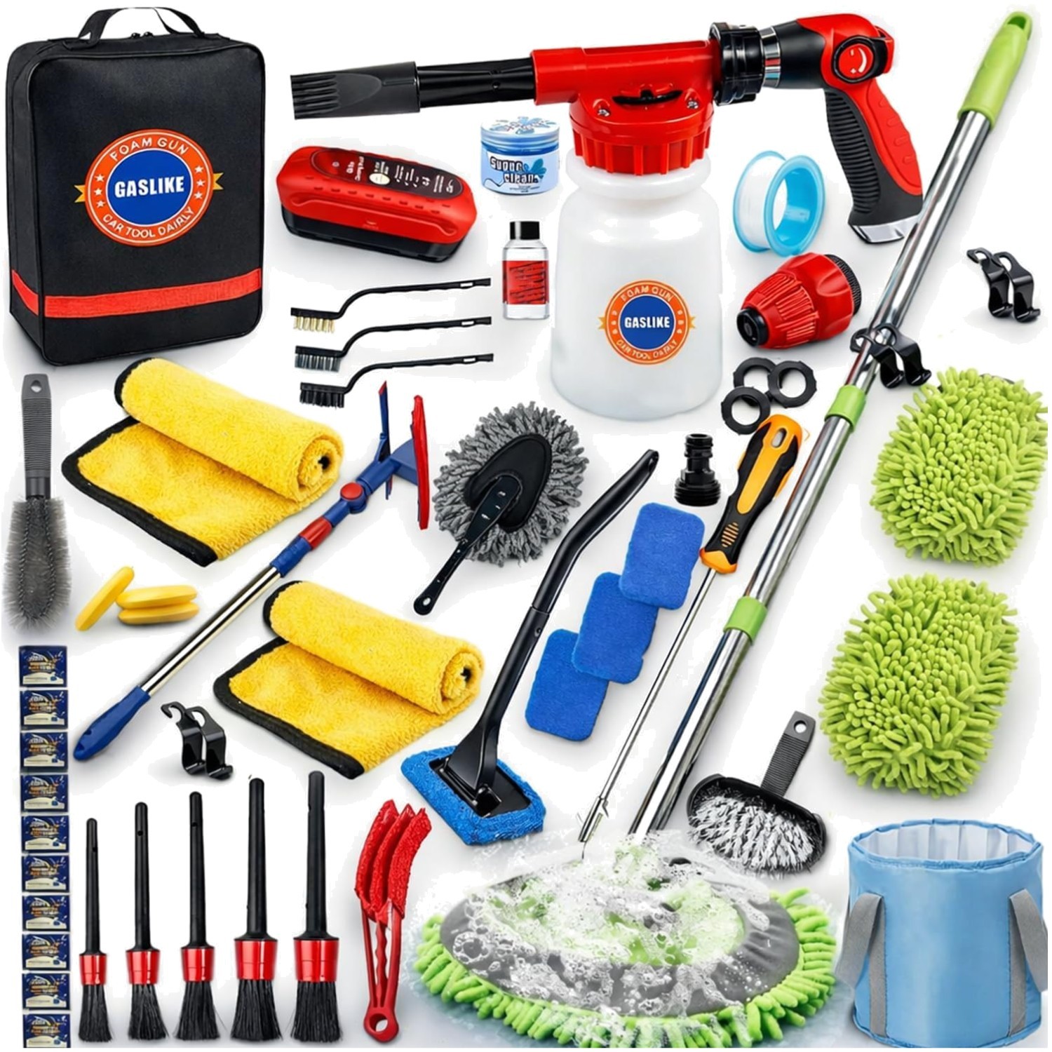 Effortless 56Pcs Car Cleaning Kit with Long Handle Brush & Quick Connect Hose