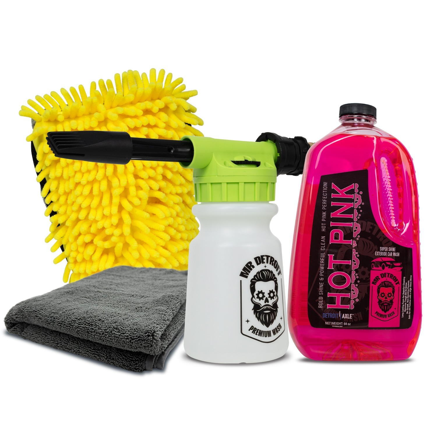 Mr. Detroit – 4pc Car Wash Kit w/Foam Blaster, 64oz Soap, Mitt & XL Drying Towel