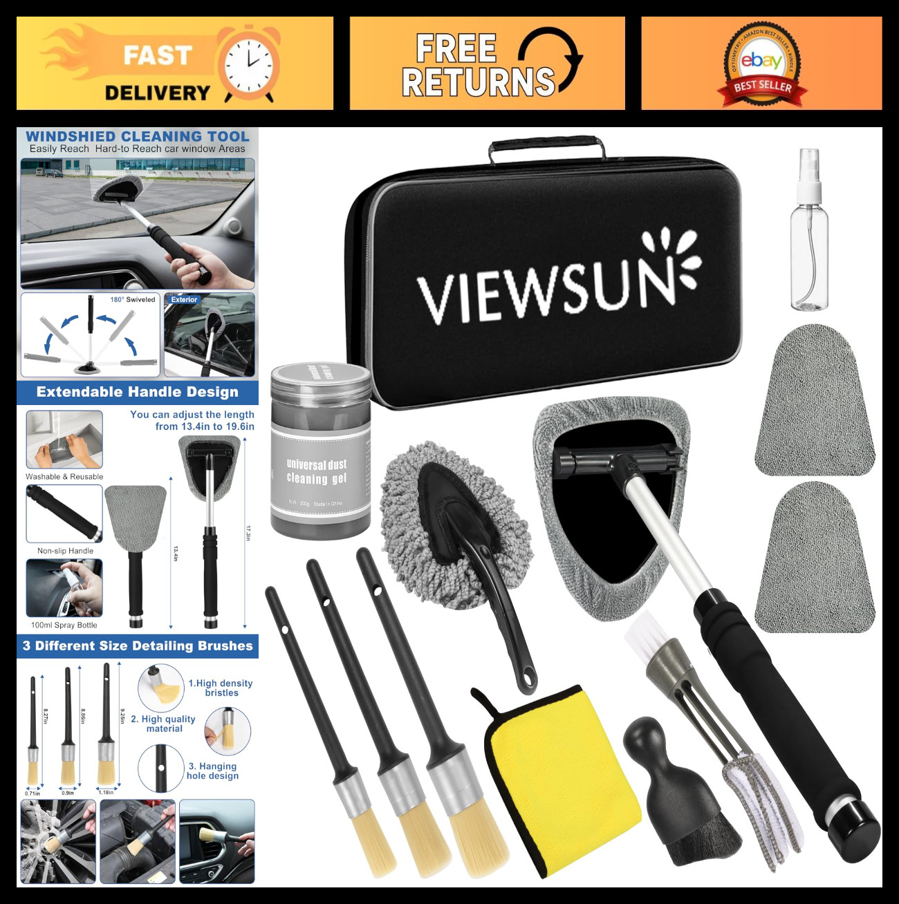 13-Piece Car Interior Cleaning Kit – Windshield Cleaner, Detailing Brushes & Gel