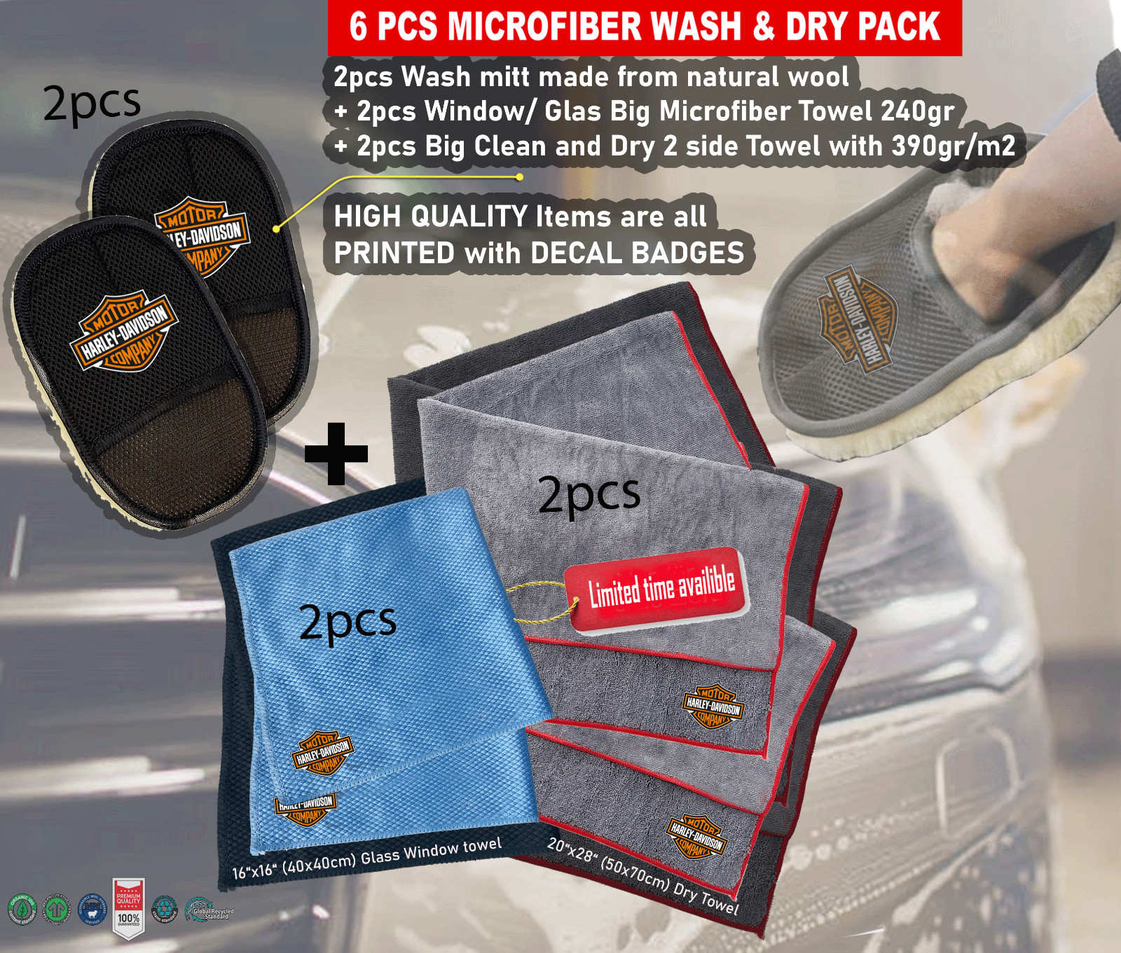6Pack Car care Microfiber Detailing For Harley Wash Mitt dry Towel Cleaning