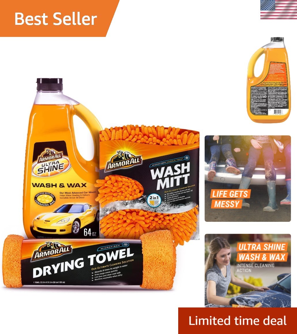 All-in-One Car Wash Kit: Includes Wash Soap, Mitt & Absorbent Drying Towel