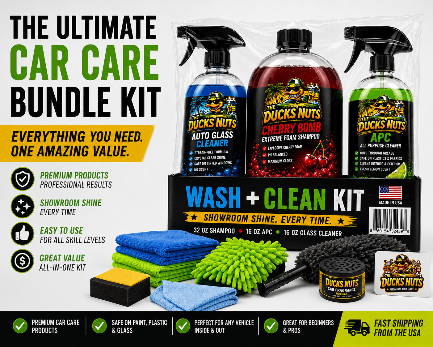 Car Wash Kit Auto Detailing Bundle Shampoo, APC, and Glass Cleaner
