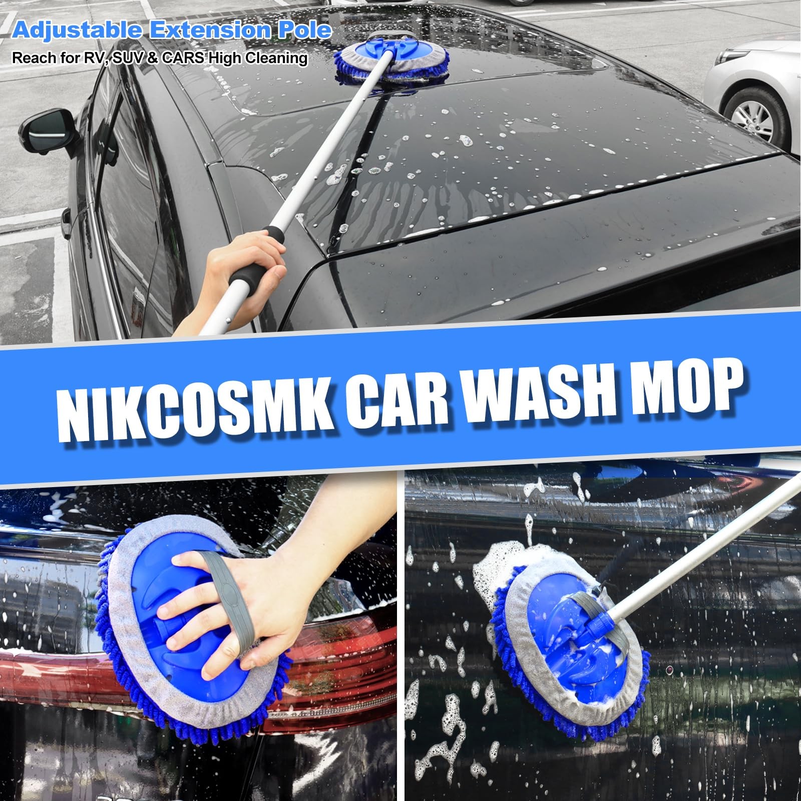 NIKCOSMK 62” Car Wash Brush with Long Handle, Kit 8Pcs, Blue