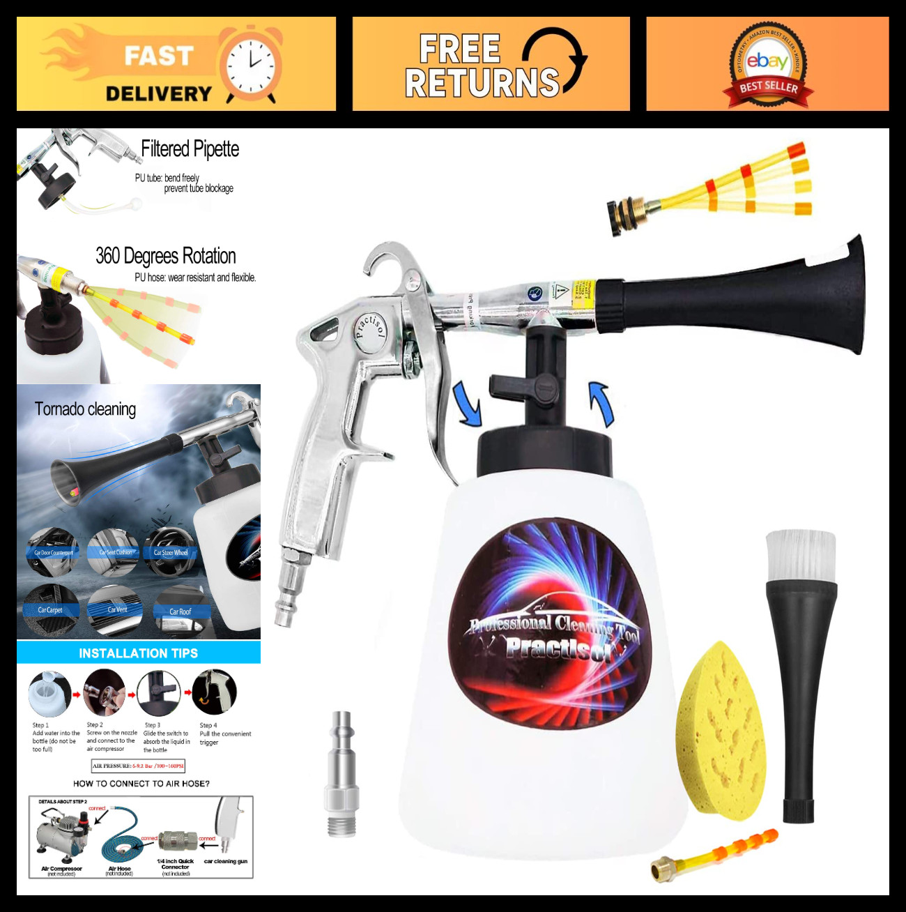 High Pressure Car Cleaning Gun Kit – Auto Detail Tools for Upholstery & Carpet
