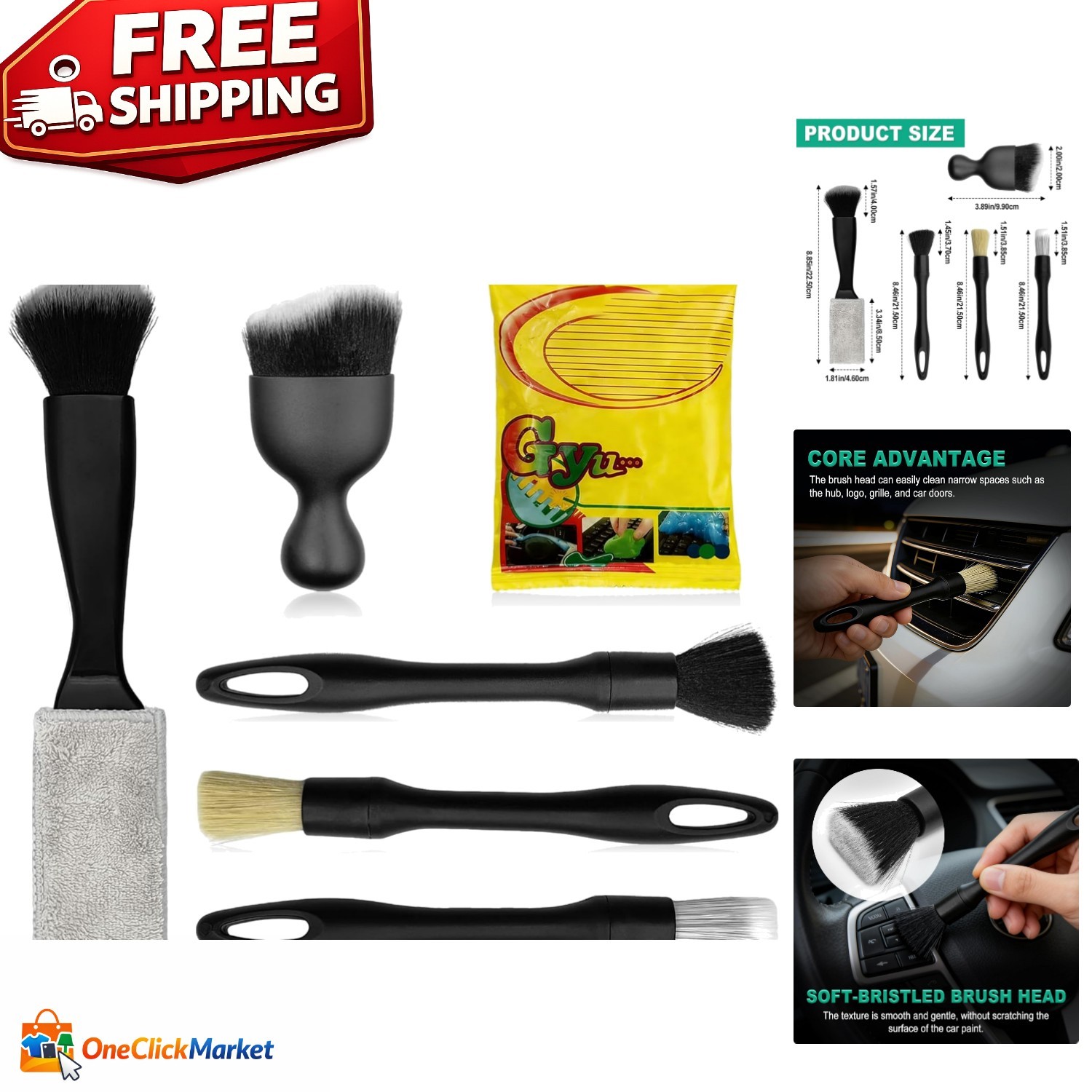 Complete 6PCS Auto Interior Cleaning Tools with Dual Head Vent Brush & Gel