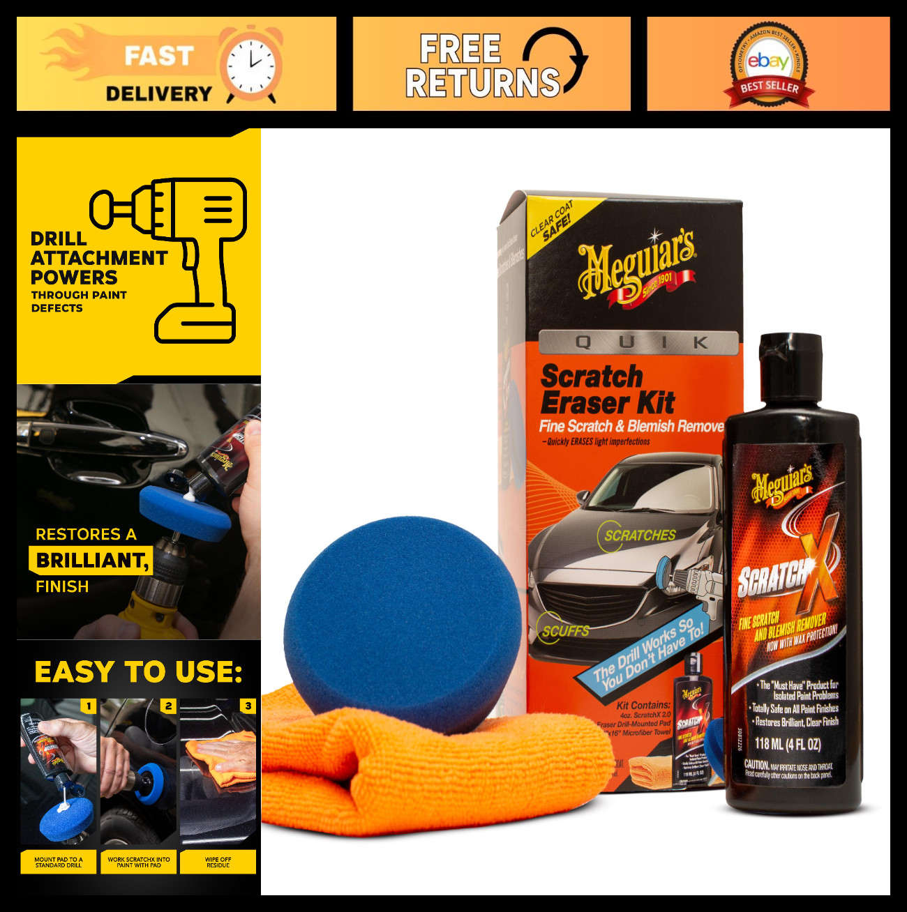 Car Scratch Repair Kit – Quik Eraser, ScratchX, Drill Pad & Microfiber Towels –