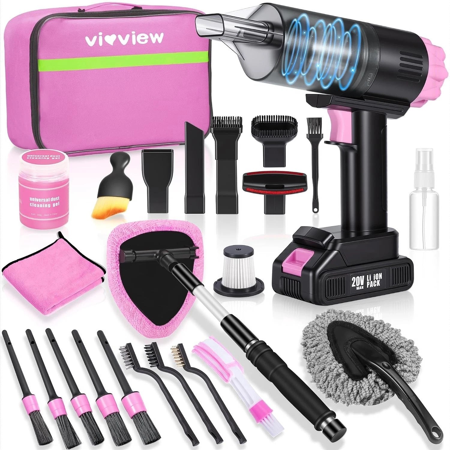 25pcs Car Cleaning Kit, Pink Interior Detailing Kit with High Power Vacuum Po…
