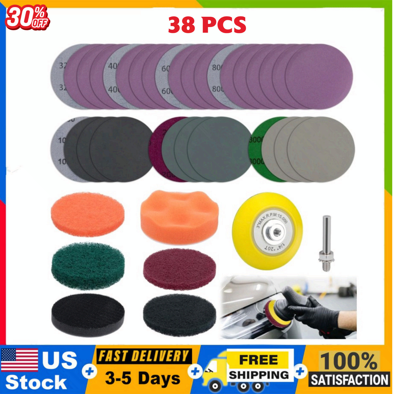 Kit restauración faros 38 pcs pulido 3″ con discos para taladro coche