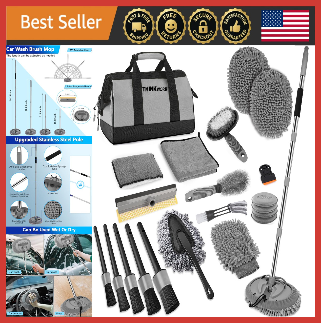 Extendable Car Wash Brush Kit, 2-in-1 Squeegee, 9Pcs Detailing Tools, Gift Idea