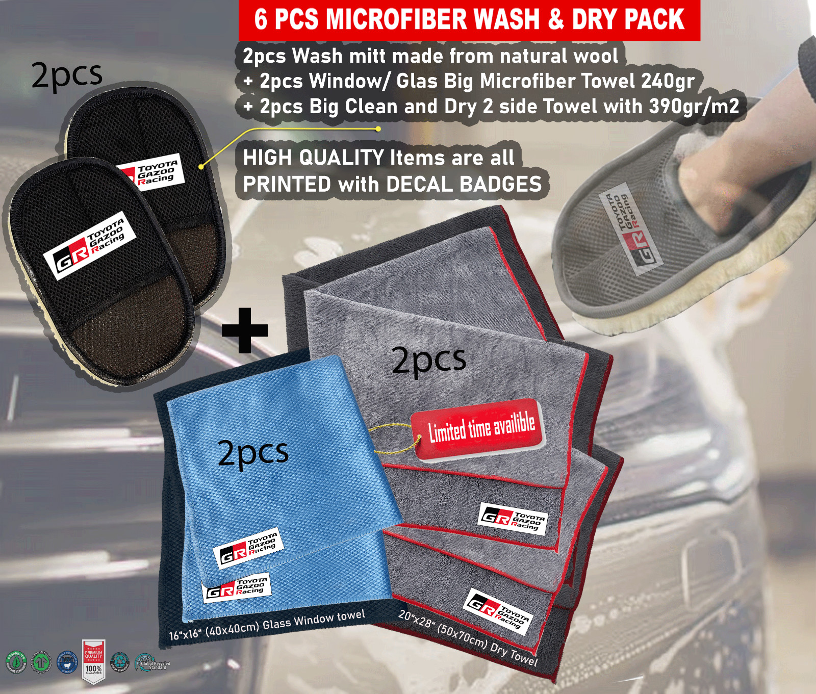 6Pack Car care Microfiber Detailing For Gazoo Racing Wash Mitt dry Towel Clean
