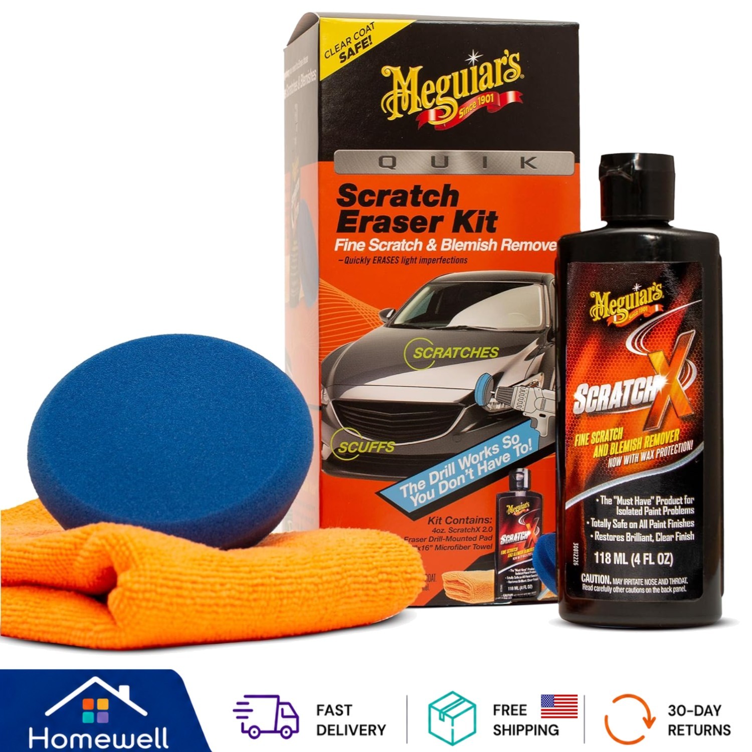 All-in-One Car Scratch Repair Kit: Quik Eraser with ScratchX & Microfiber Towel