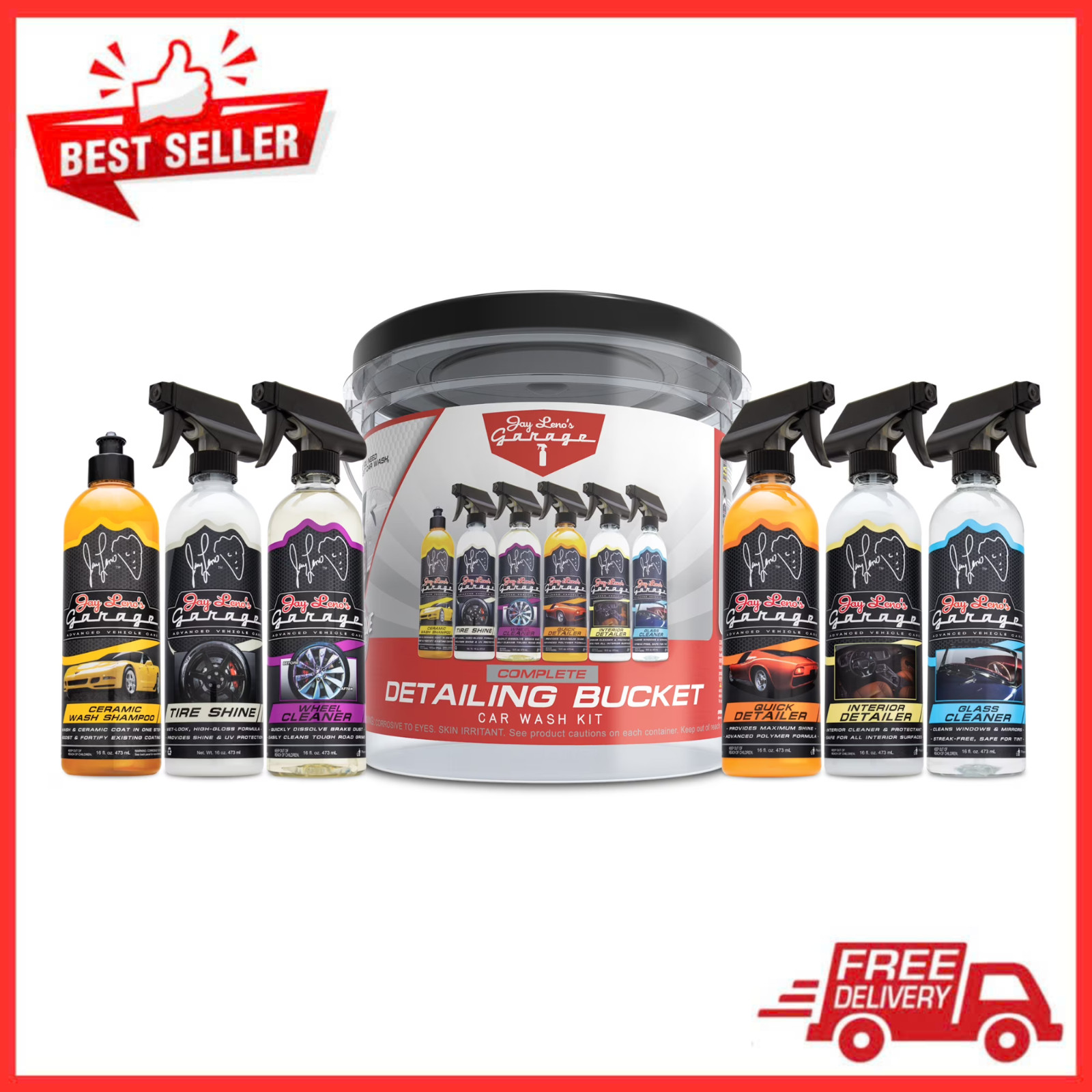 Jay Leno’s Garage Car Wash Kit, Complete Detailing Storage Bucket, Set, 8 Piece