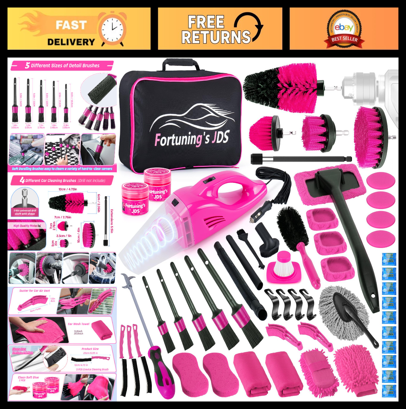 55PCS Pink Car Detailing Kit – High Power Vacuum, Interior Cleaner & Brushes, Gi