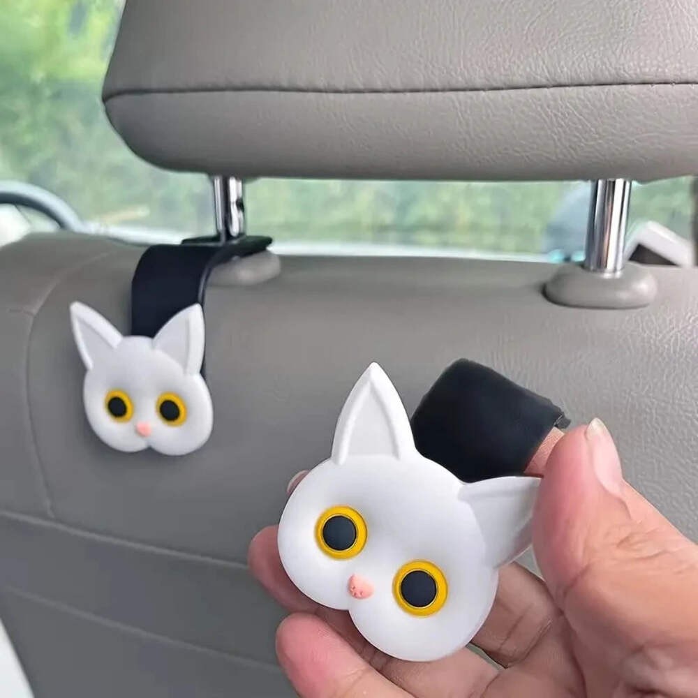 2pcs Adorable 3D Cartoon Cat Car Seat Headrest Hooks Universal Vehicle Storage
