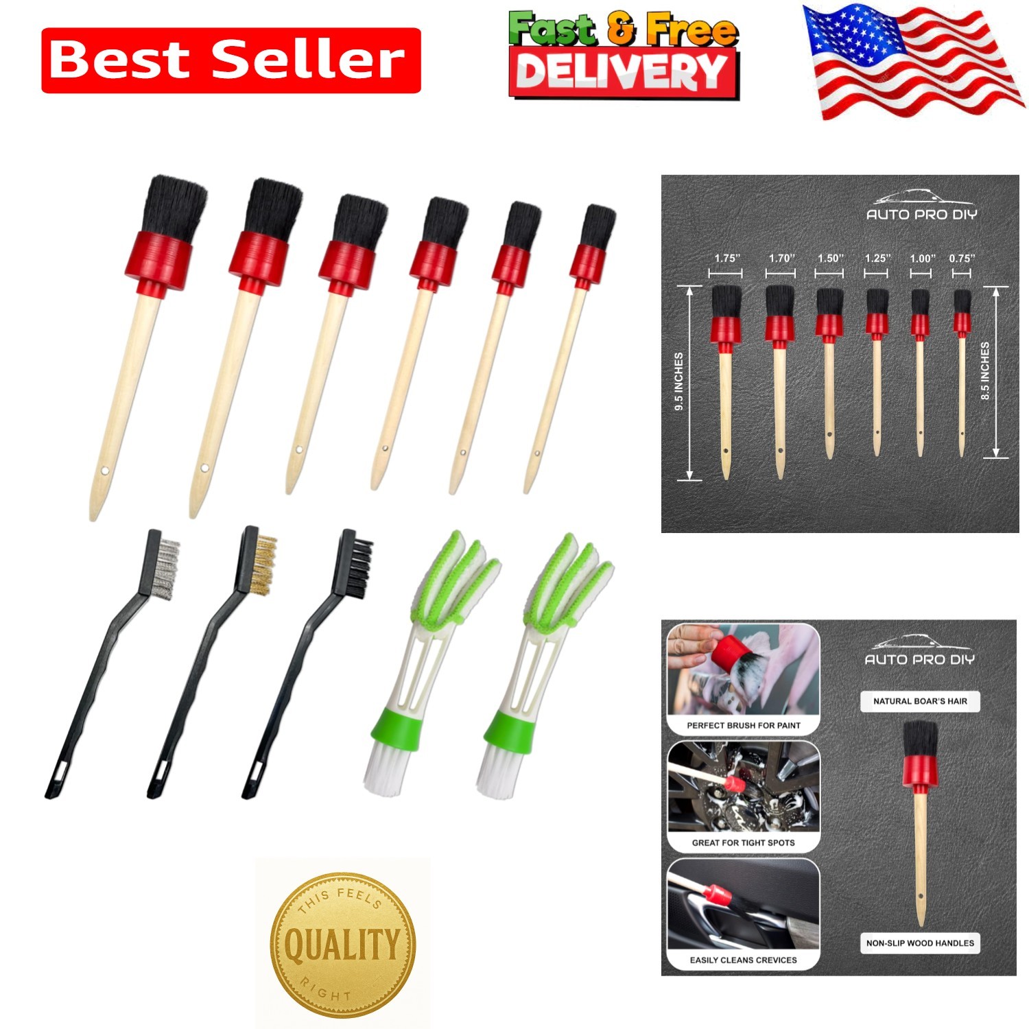 11-Piece Luxury Car Detailing Kit with Boar Hair & Stainless Steel Brushes