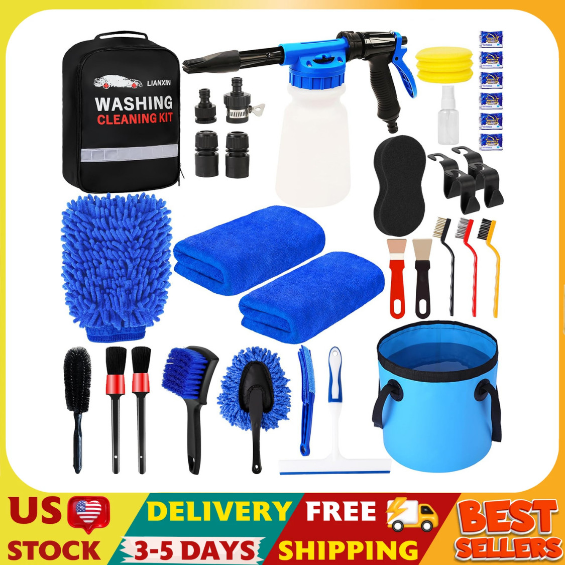 37Pcs Car Wash Kit Cleaning Kits with Foam Gun Sprayer Bucket Towels Tire Brush