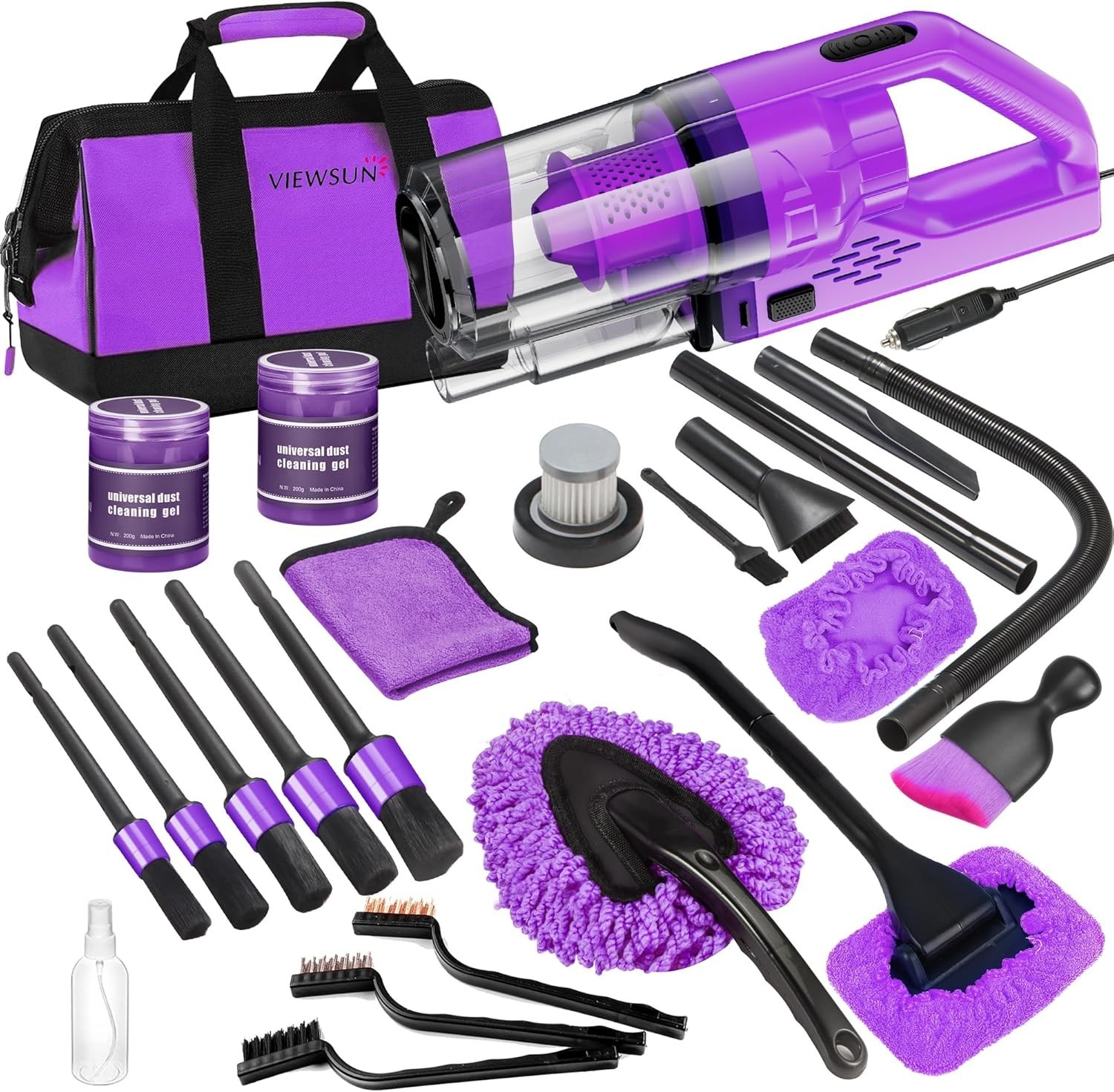 Effortless Car Cleaning with 17PCS Purple Detail Kit & High Power Vacuum Cleaner