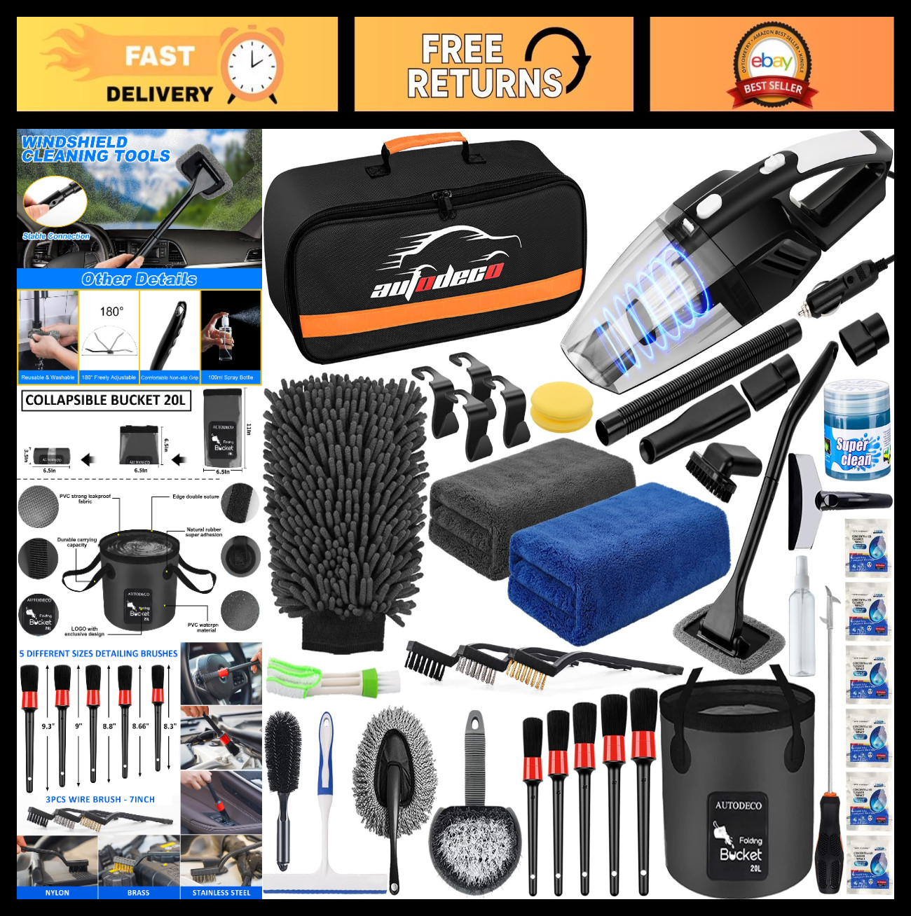 41Pcs Car Cleaning Kit – High Power Vacuum, Detailing Tools, Bucket & More!