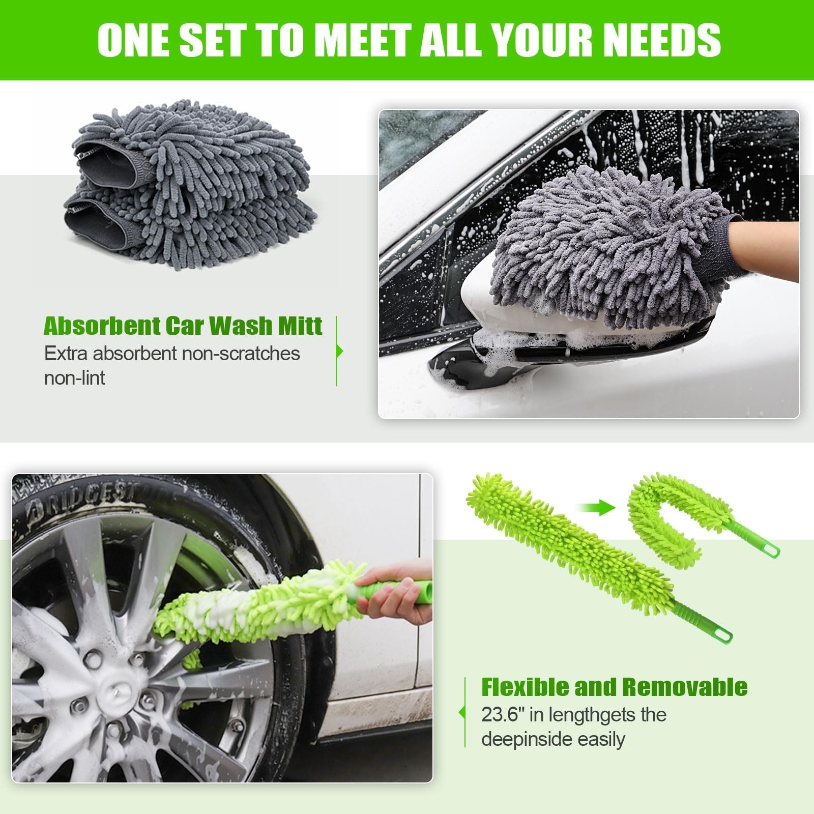 62” Car Wash Brush Kit – Long Handle Mop, Chenille Mitt, Squeegee, Microfiber T
