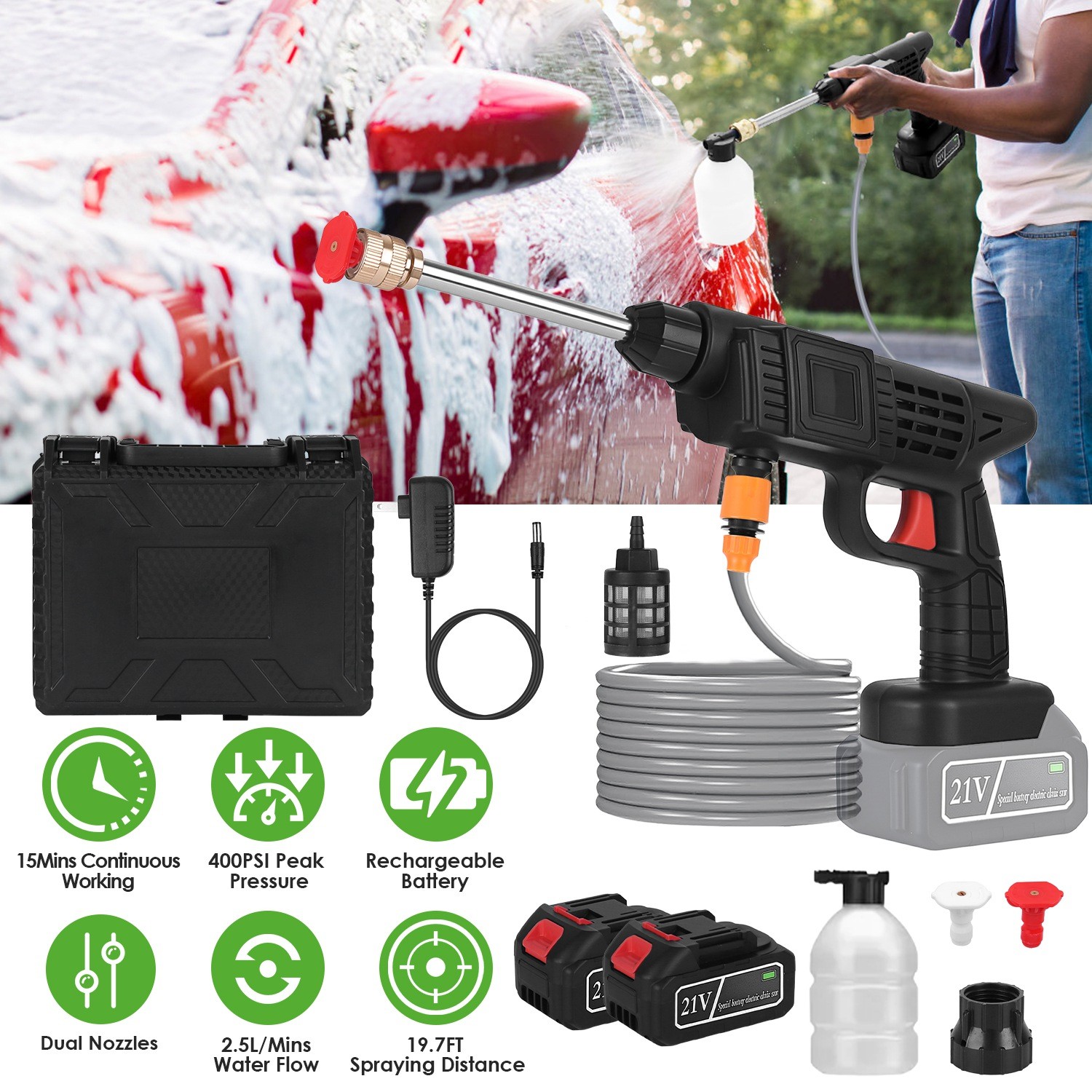 Cordless Electric Pressure Washer, 400PSI Portable Power Cleaner for Car/Bike