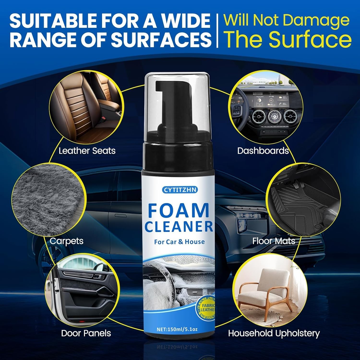 All-Purpose Car Interior Foam Cleaner Kit Deep Stain Remover Brush Towel 5oz