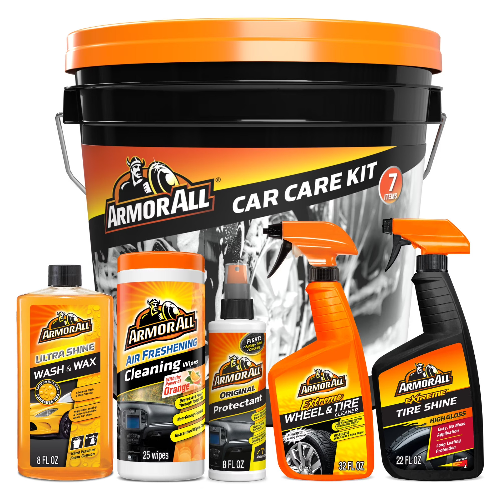 Armor All Car Care Kit 7pc Wash Wax Protectant Tire Shine Cleaner Wipes Bucket