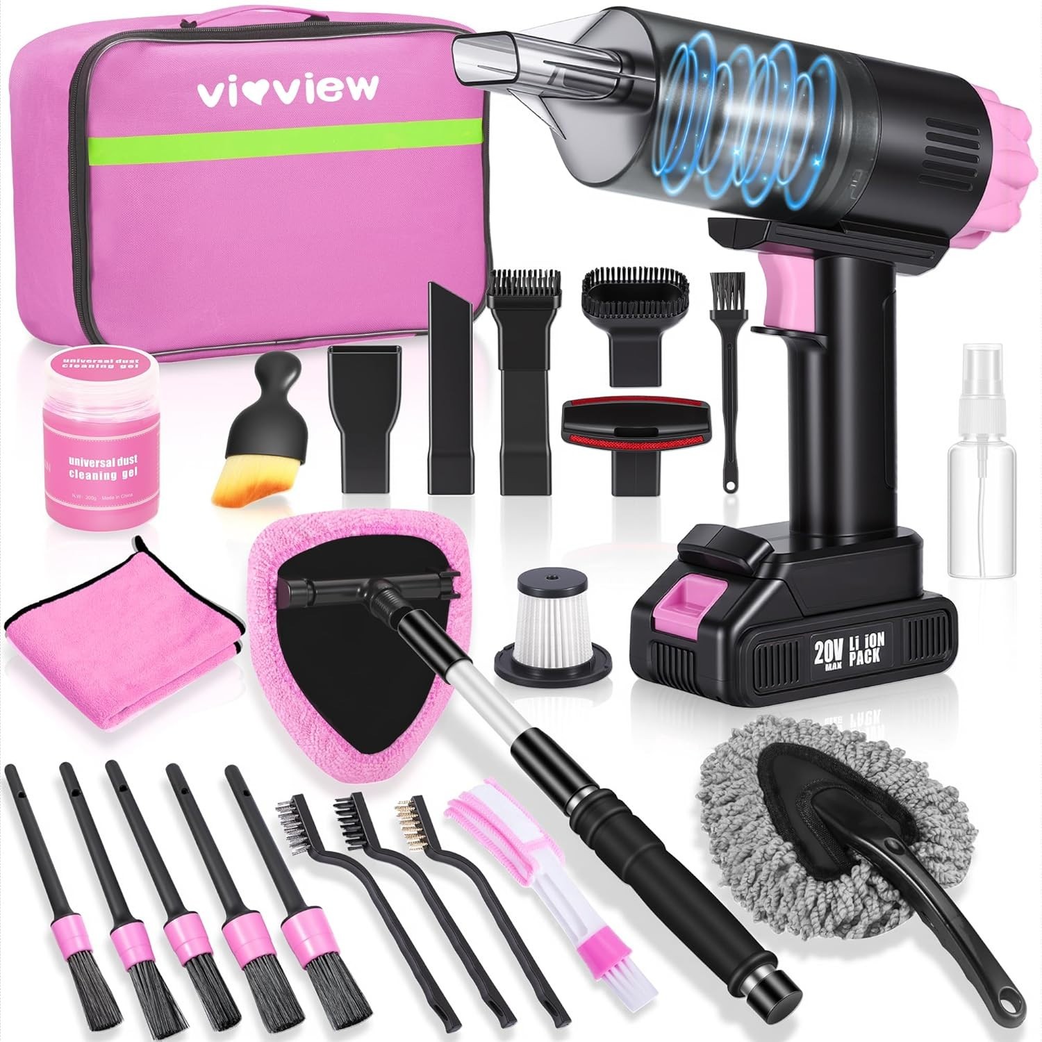 Portable Pink Auto Detailing Kit: 25pc Cordless HEPA Vacuum & Tools
