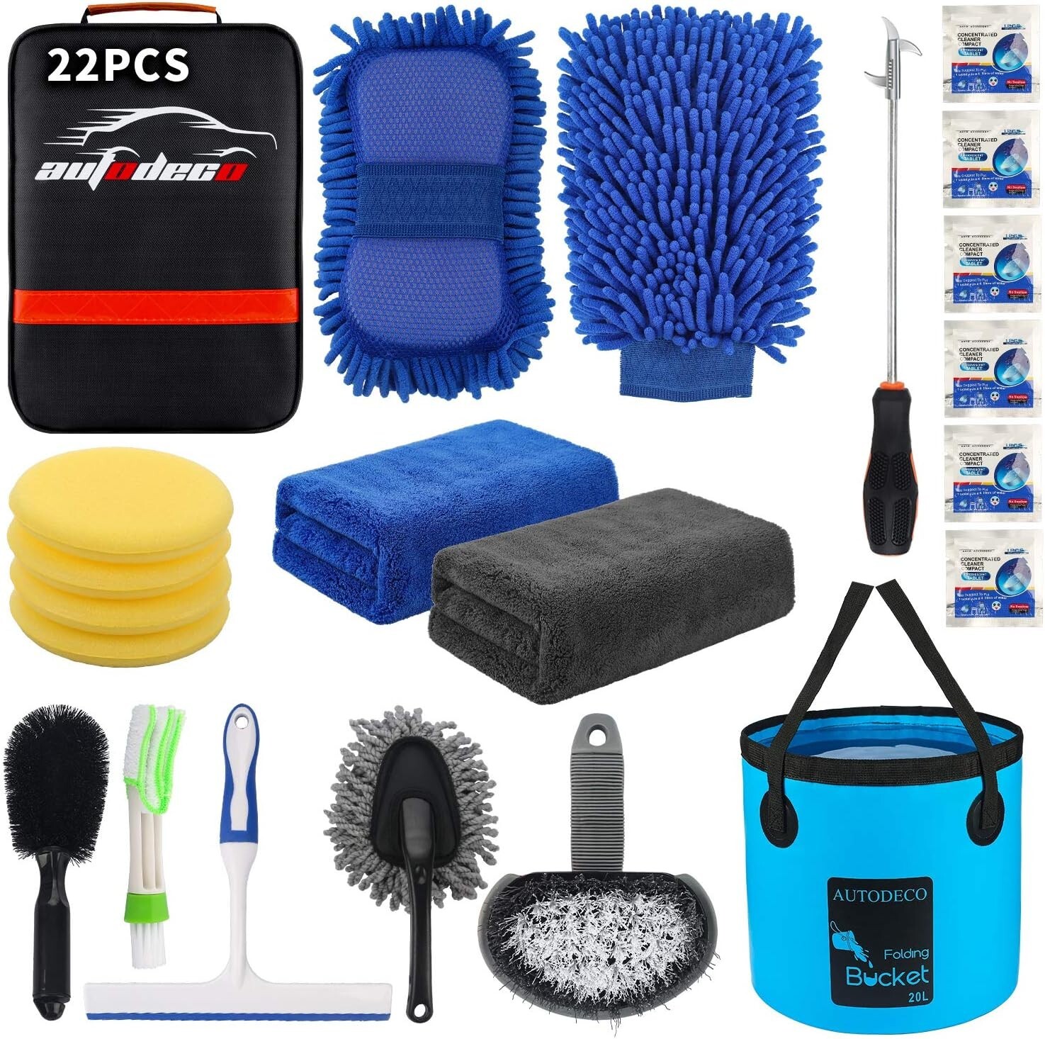 Autodeco 22Pcs Car Wash Cleaning Tools Kit Detailing Set w/ Canvas Bag