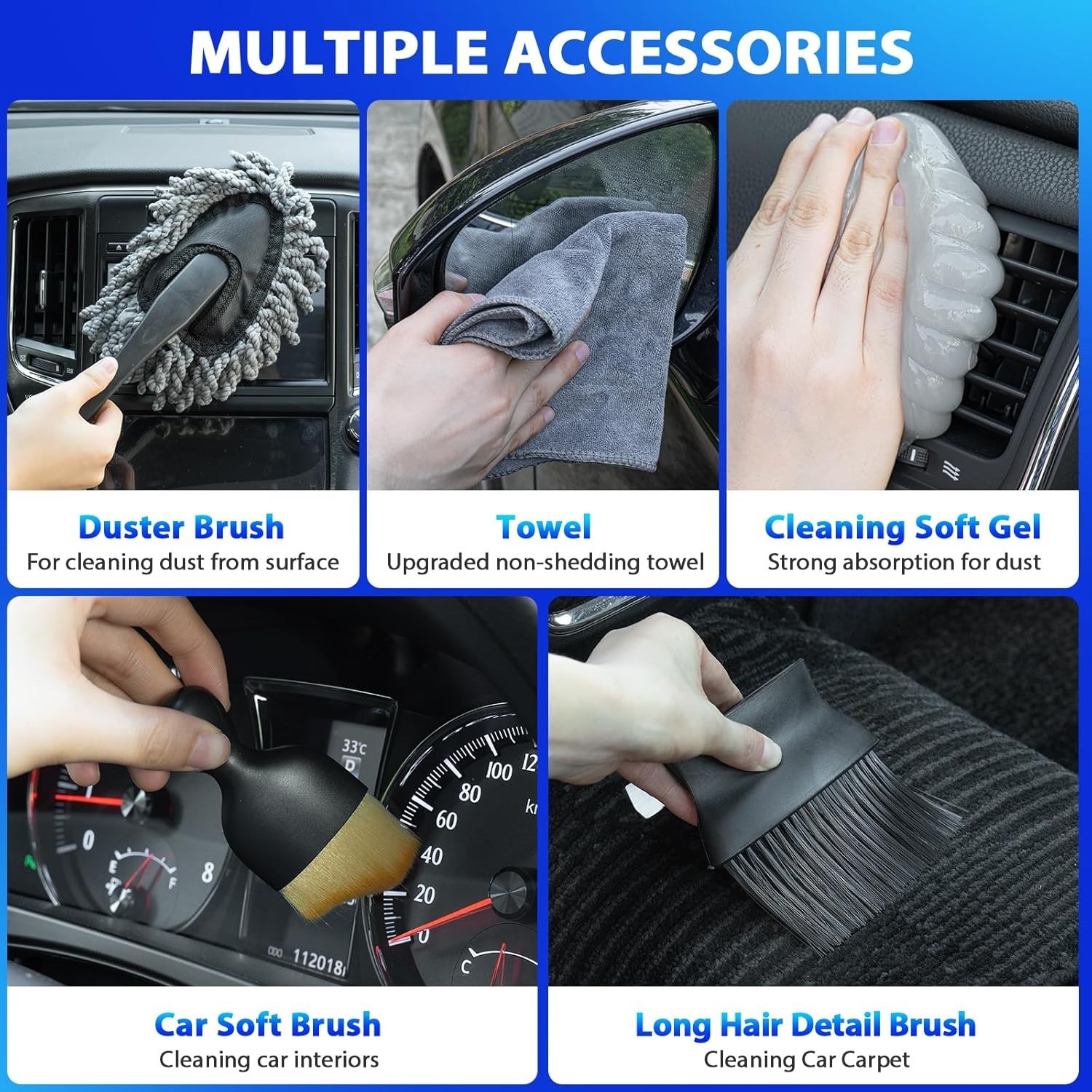 Gray Car Cleaning Kit – 21PC Vacuum and Detailing Brushes for Car Enthusiasts