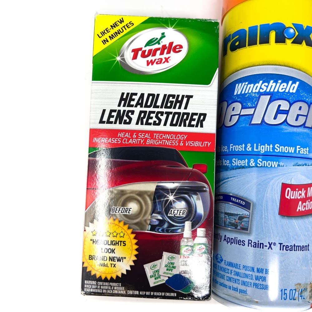 Assorted Car Care Products Turtle Wax Headlight Lens Restorer, Rain-X De-Icer