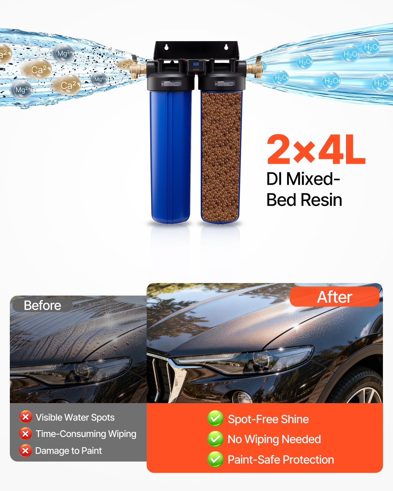 VEVOR Deionized Water System for Spotless Car Wash with 2 x 4L DI Resin & Bypass