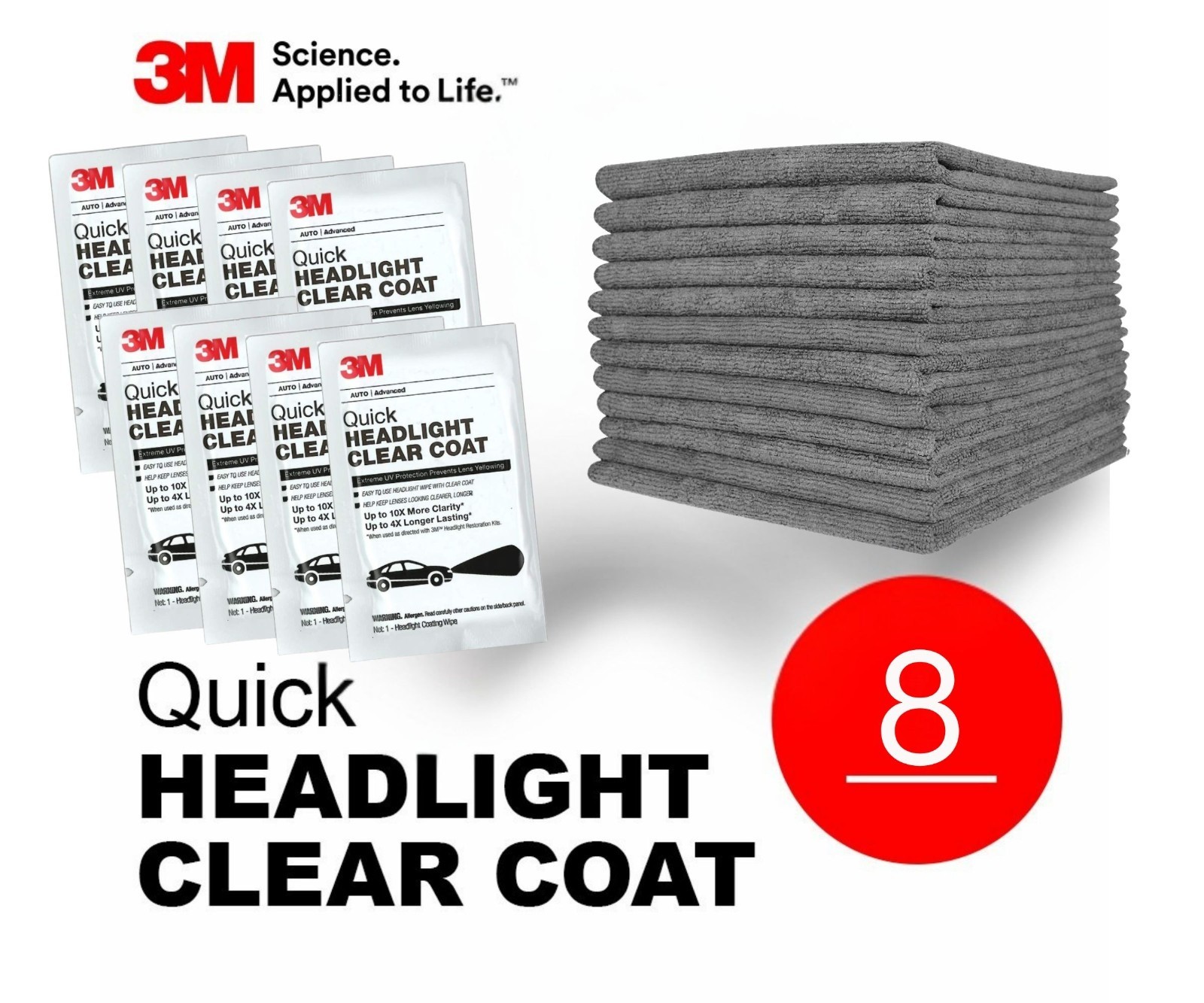 3M Quick Headlight Clear Coat 8x wipe lot With 12×12 Microfiber Cloths – Gray