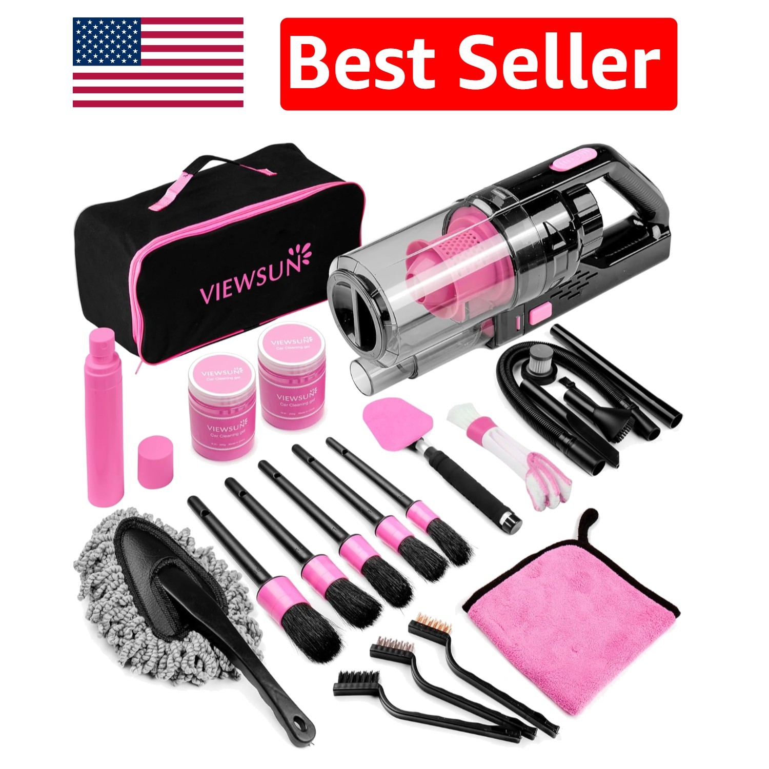 Stylish Pink Car Interior Cleaning Kit: 17-Piece Handheld Vacuum & Accessories