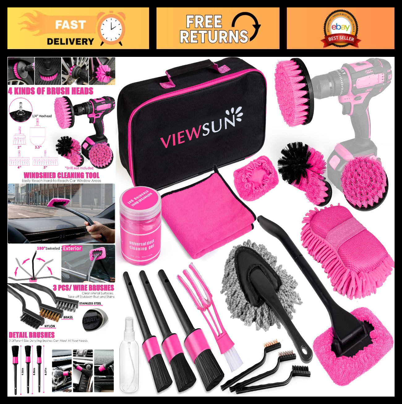 20PCS Pink Car Cleaning Kit – Interior Detailing, Drill Brush Set, Windshield To