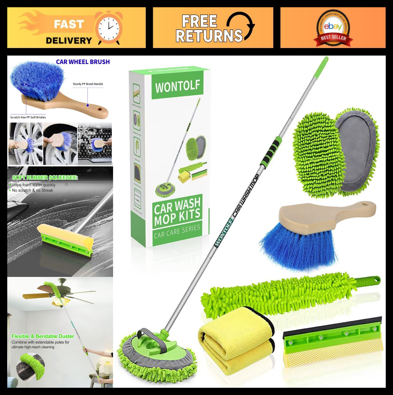 62” Car Wash Brush Kit – Long Handle Microfiber Mop, Detailing Tools, Squeegee,