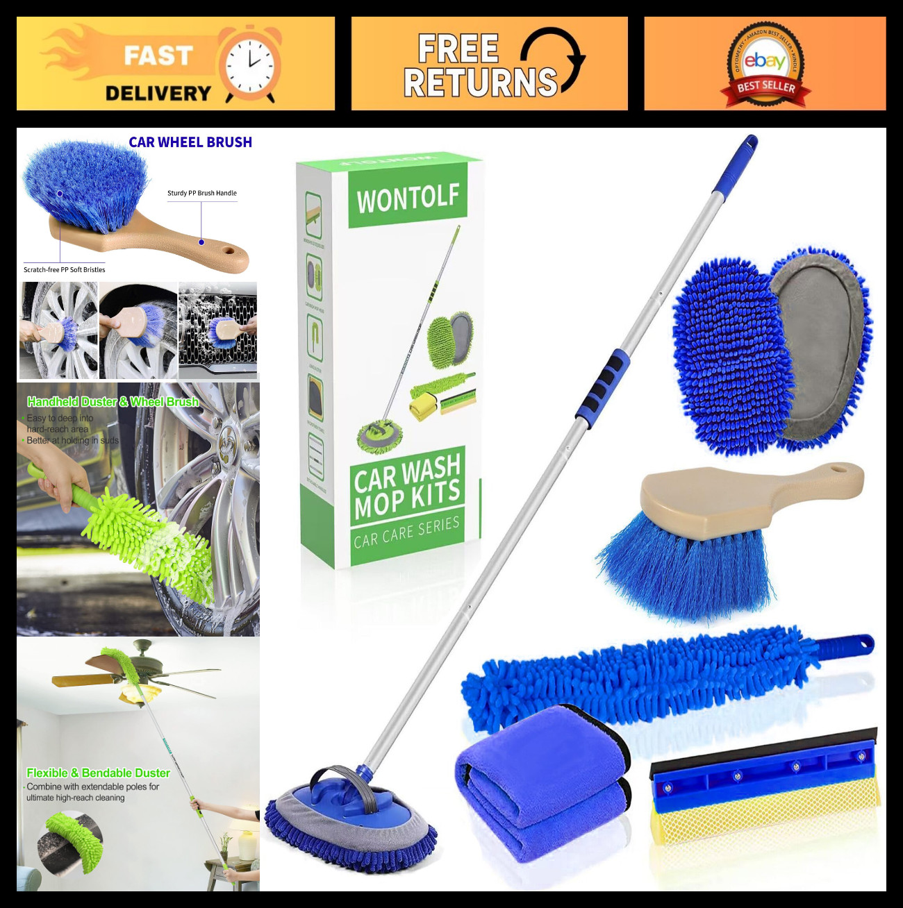 62″ Car Wash Brush with Long Handle – Microfiber Mop Mitt, Squeegee, Duster & To