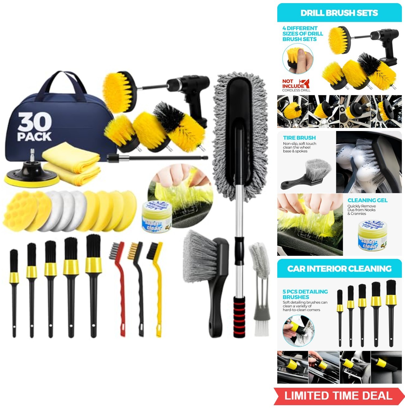 30Pcs Car Detailing Kit Brush Set Wash Mitt Towels Cleaner Gel Extendable
